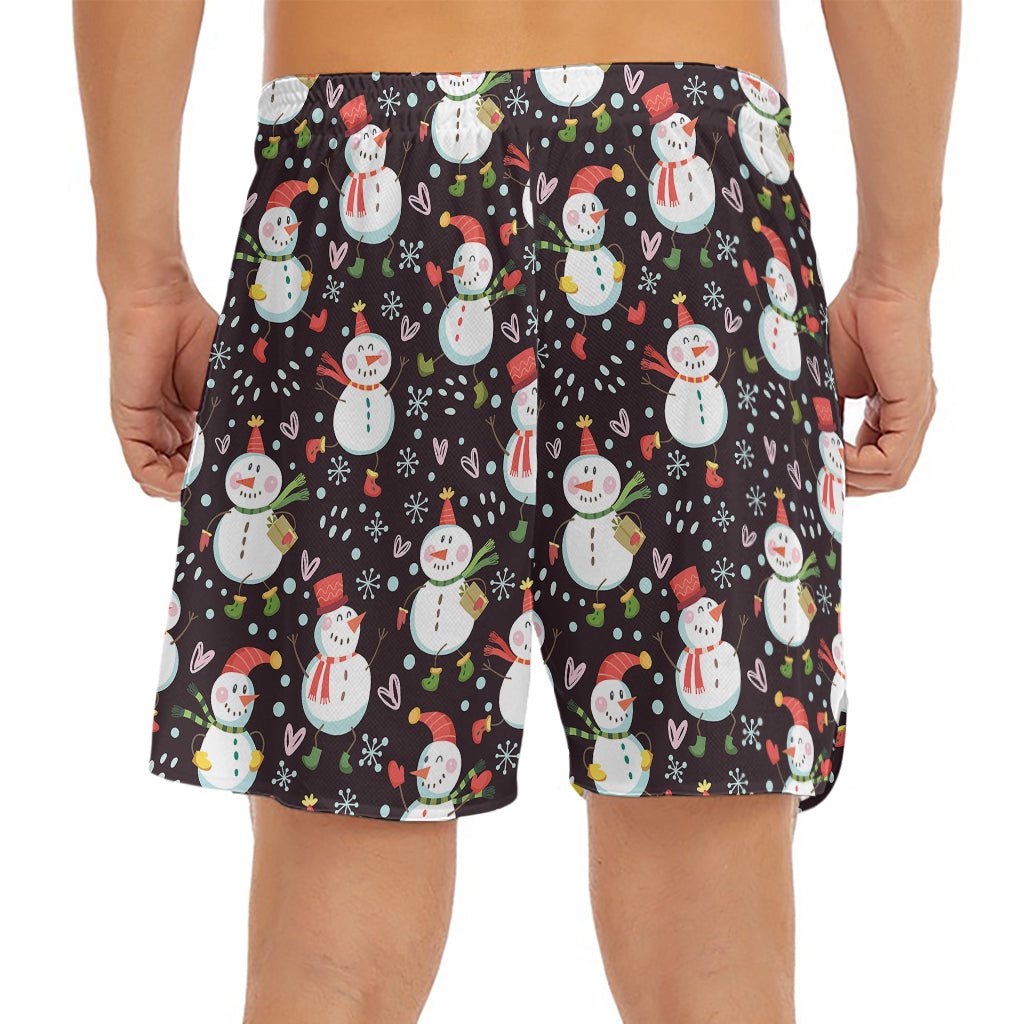 Happy Snowman Pattern Print Men's Split Running Shorts