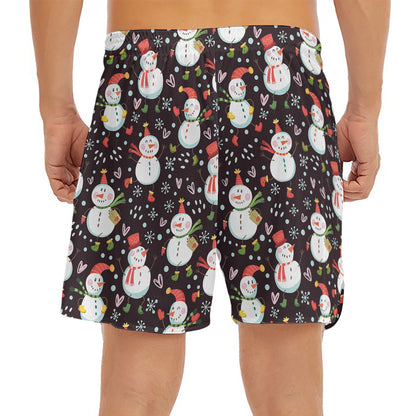 Happy Snowman Pattern Print Men's Split Running Shorts