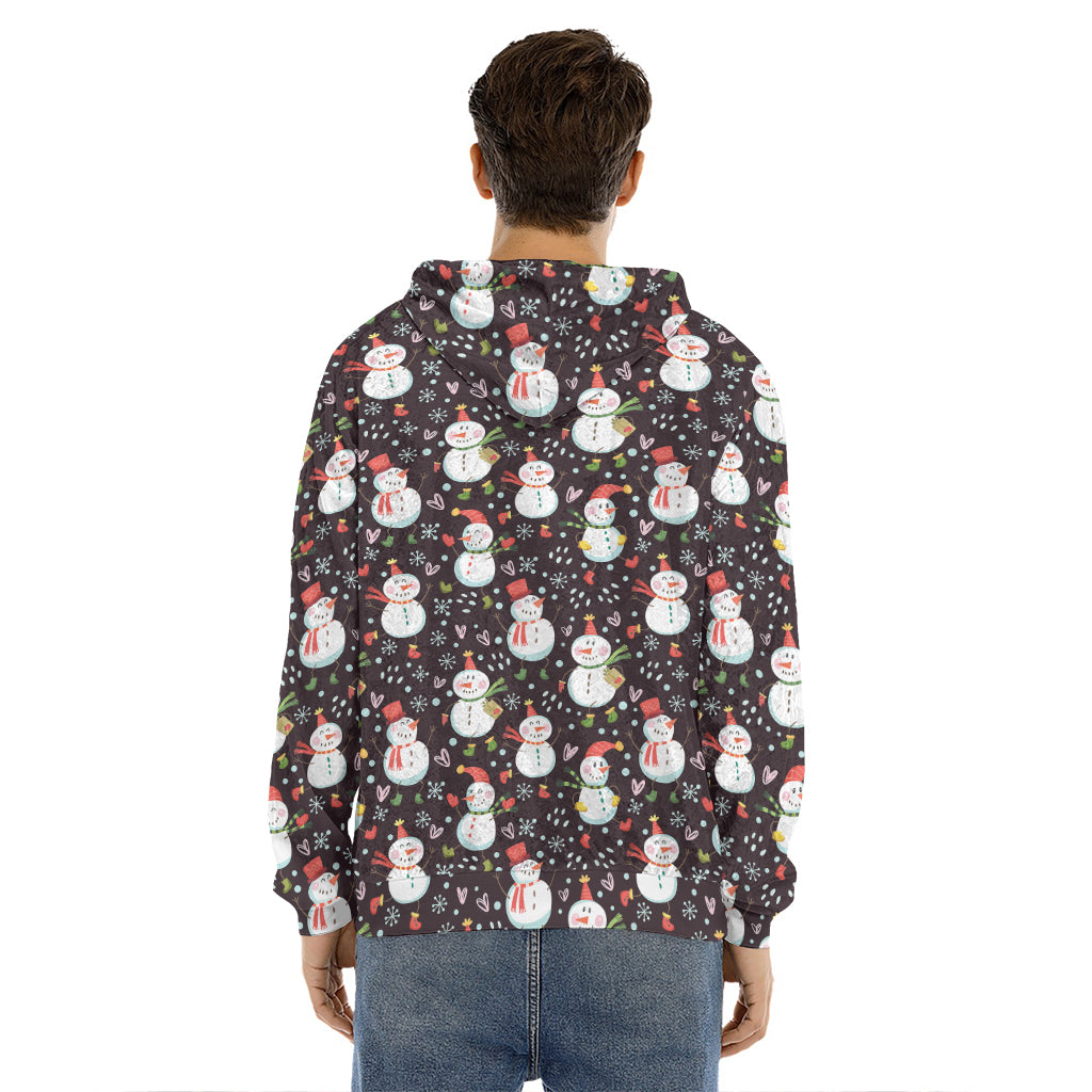 Happy Snowman Pattern Print Men's Velvet Pullover Hoodie