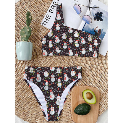 Happy Snowman Pattern Print One Shoulder Bikini Top