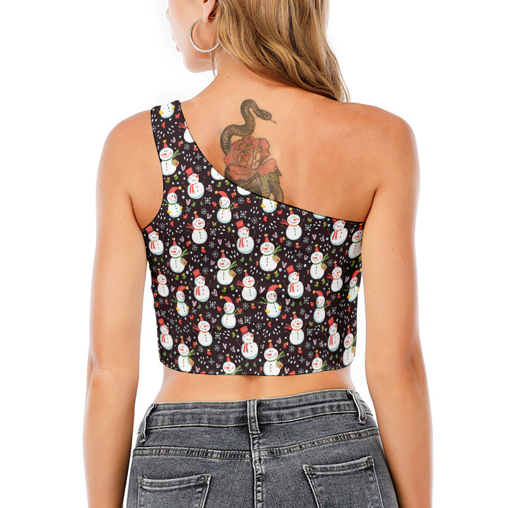 Happy Snowman Pattern Print One Shoulder Crop Top