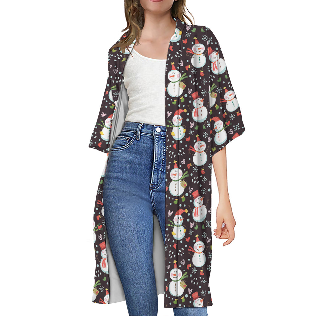 Happy Snowman Pattern Print Open Front Beach Cover Up