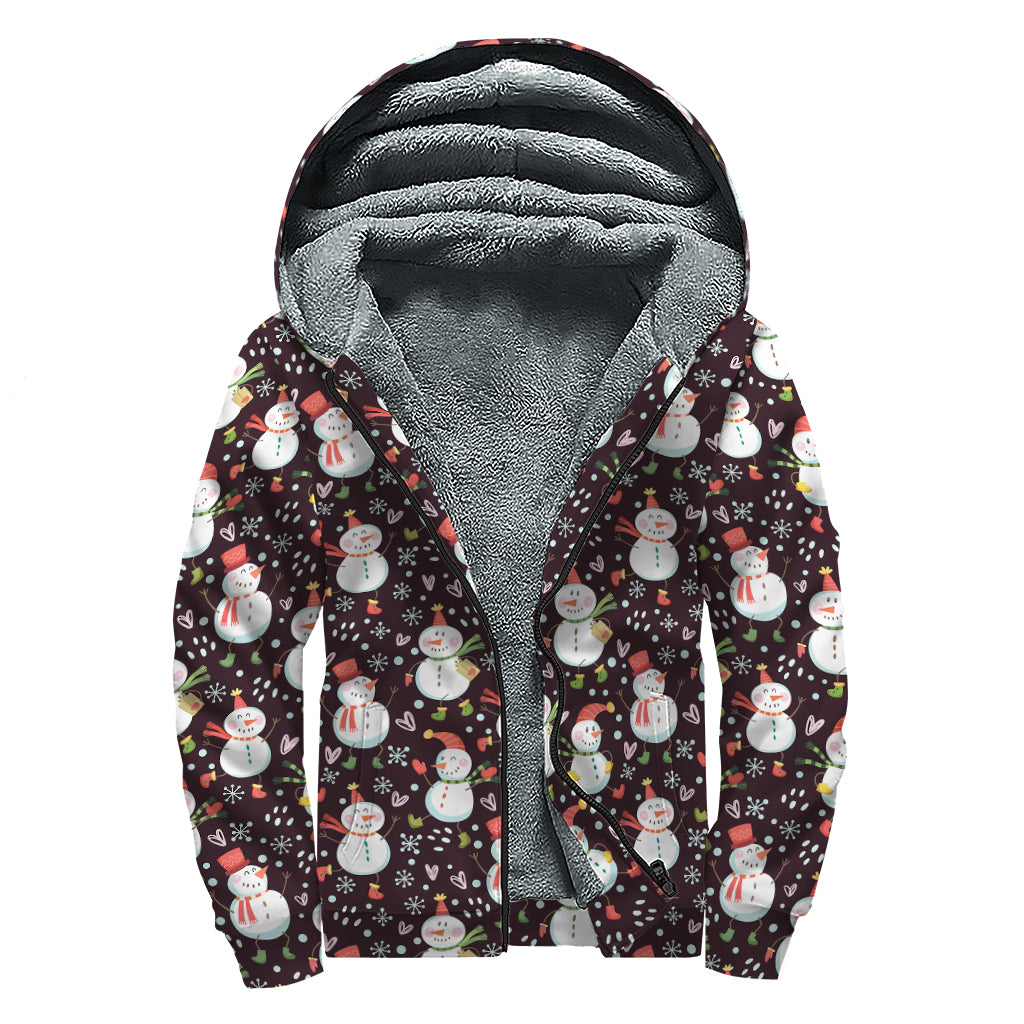 Happy Snowman Pattern Print Sherpa Lined Zip Up Hoodie