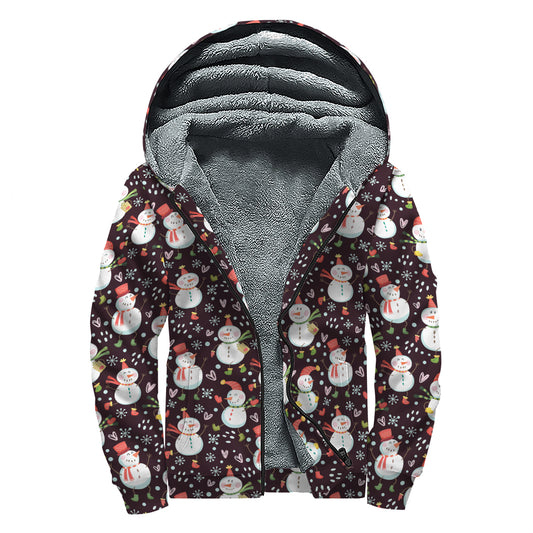 Happy Snowman Pattern Print Sherpa Lined Zip Up Hoodie