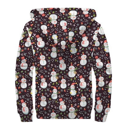 Happy Snowman Pattern Print Sherpa Lined Zip Up Hoodie