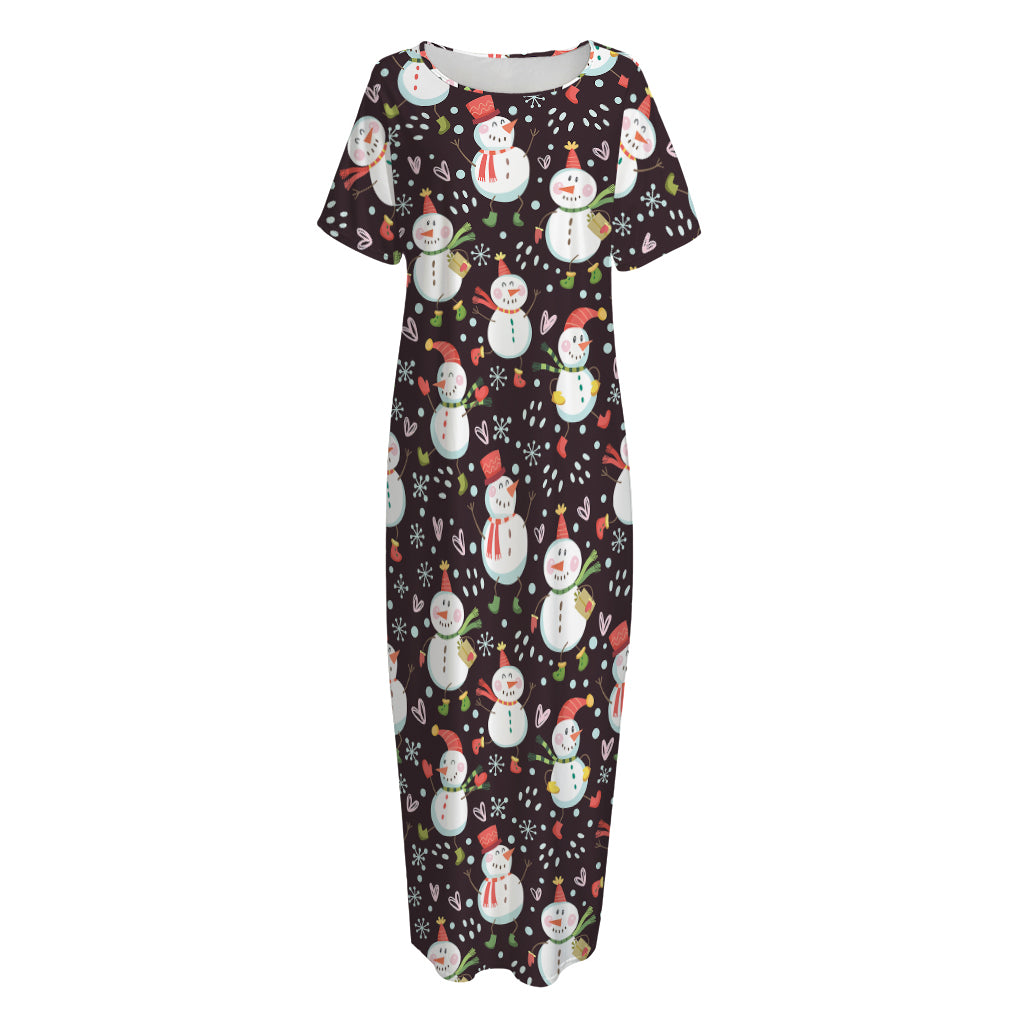 Happy Snowman Pattern Print Short Sleeve Long Nightdress
