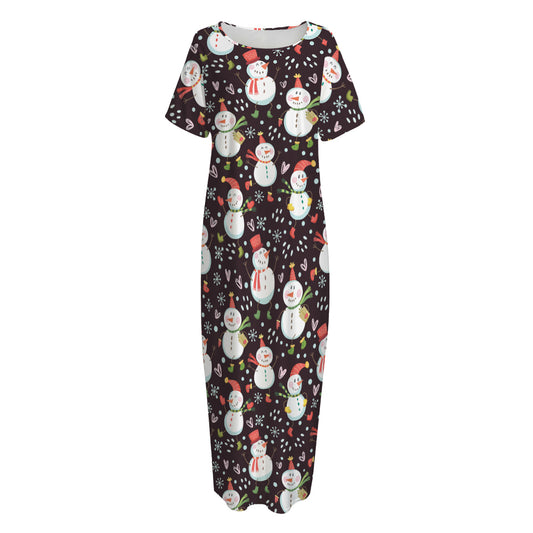 Happy Snowman Pattern Print Short Sleeve Long Nightdress