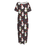 Happy Snowman Pattern Print Short Sleeve Long Nightdress
