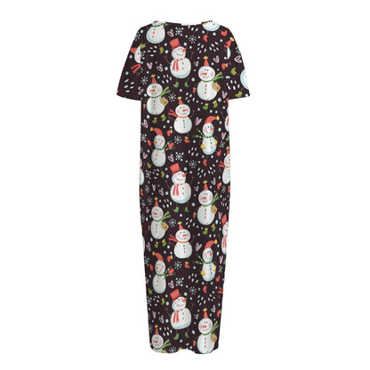 Happy Snowman Pattern Print Short Sleeve Long Nightdress