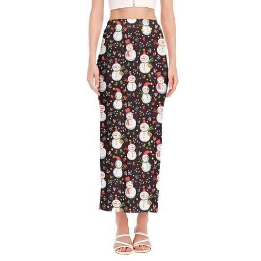 Happy Snowman Pattern Print Side Slit Maxi Skirt