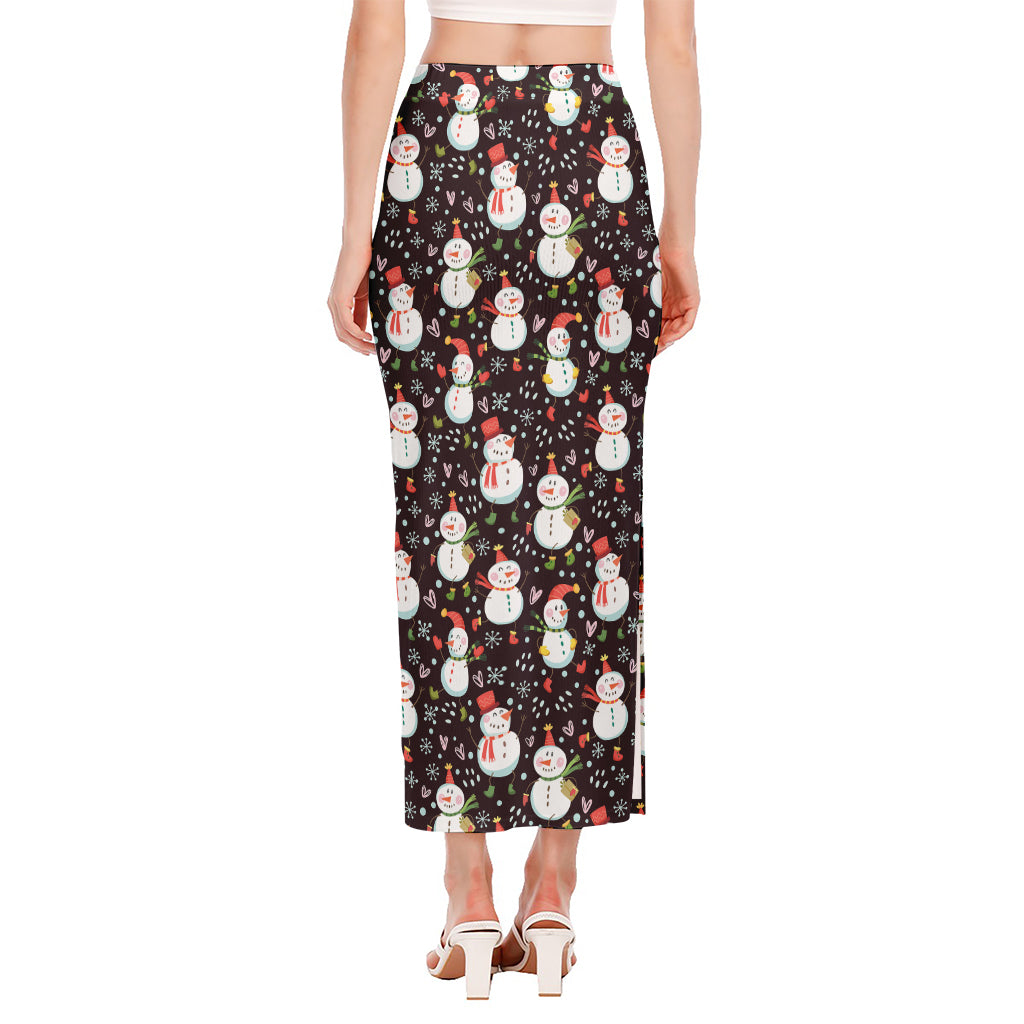 Happy Snowman Pattern Print Side Slit Maxi Skirt