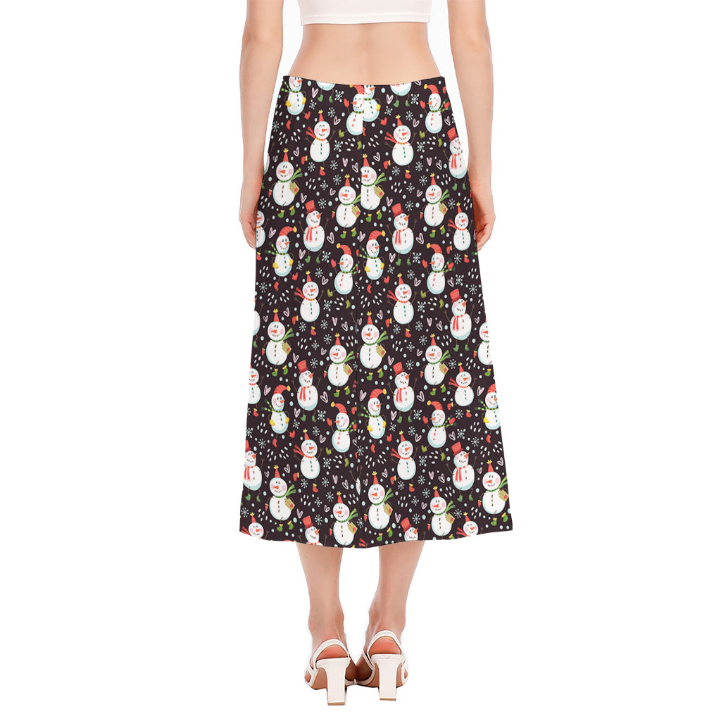 Happy Snowman Pattern Print Side Slit Midi Skirt