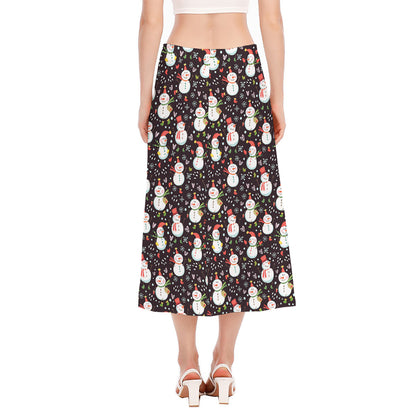 Happy Snowman Pattern Print Side Slit Midi Skirt