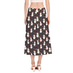 Happy Snowman Pattern Print Side Slit Midi Skirt
