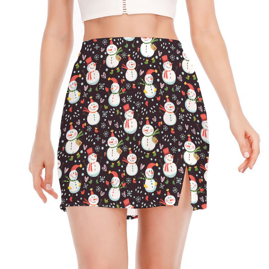 Happy Snowman Pattern Print Side Slit Mini Skirt