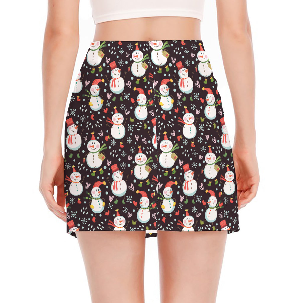 Happy Snowman Pattern Print Side Slit Mini Skirt