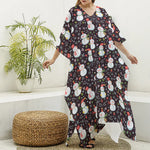 Happy Snowman Pattern Print Silk V-Neck Kaftan Dress