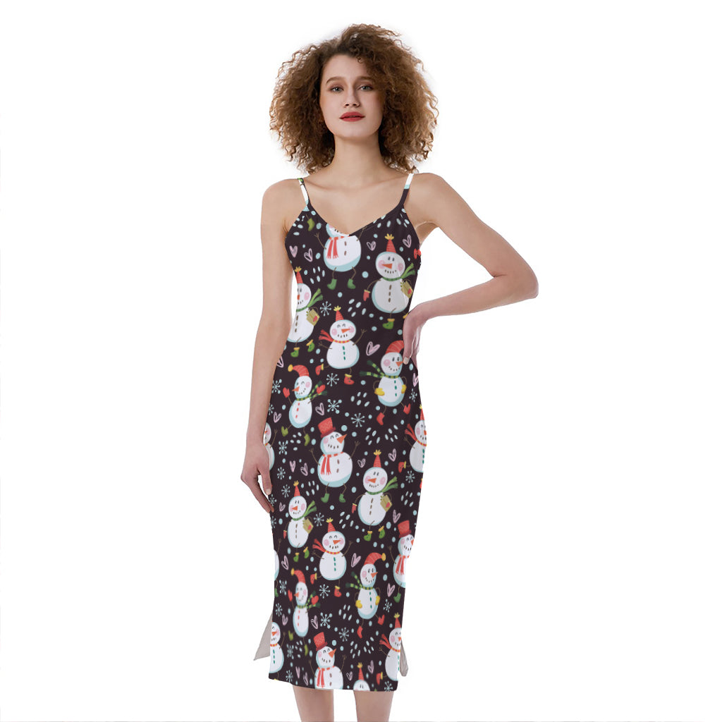 Happy Snowman Pattern Print Slim Fit Midi Cami Dress