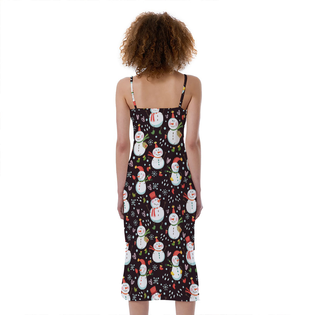 Happy Snowman Pattern Print Slim Fit Midi Cami Dress