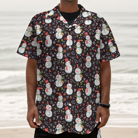 Happy Snowman Pattern Print Textured Short Sleeve Shirt