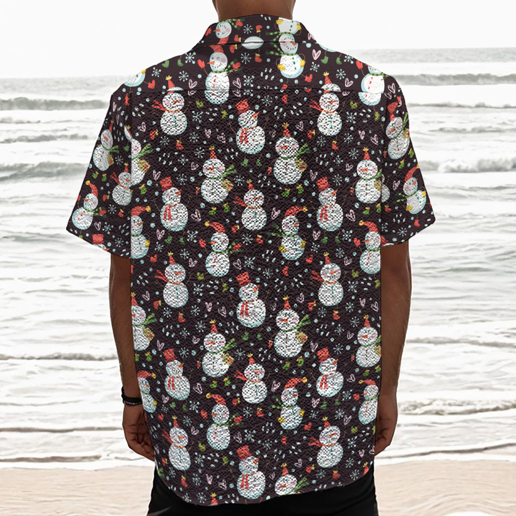 Happy Snowman Pattern Print Textured Short Sleeve Shirt