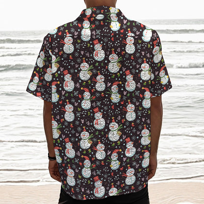 Happy Snowman Pattern Print Textured Short Sleeve Shirt