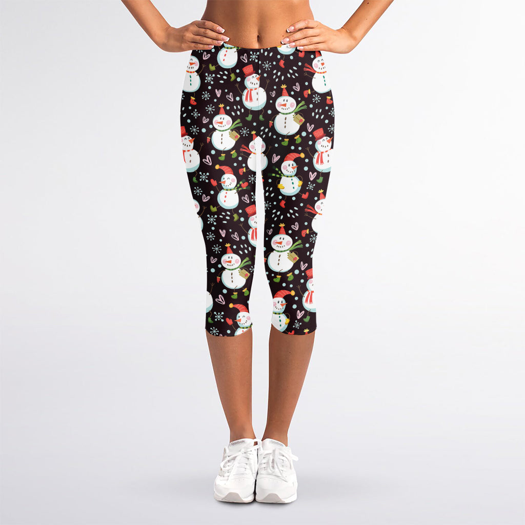 Happy Snowman Pattern Print Women's Capri Leggings