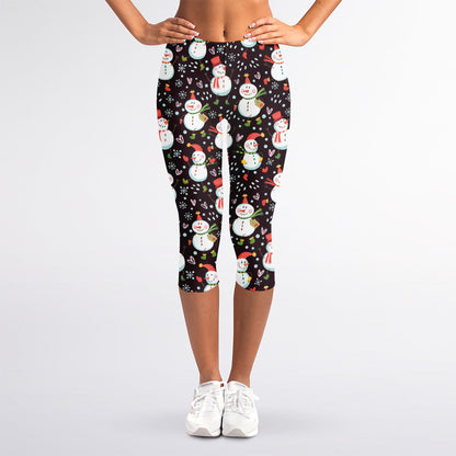 Happy Snowman Pattern Print Women's Capri Leggings