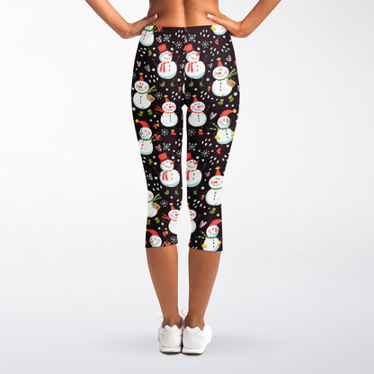 Happy Snowman Pattern Print Women's Capri Leggings