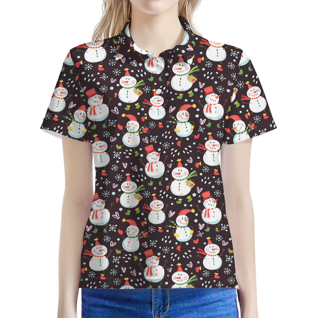 Happy Snowman Pattern Print Women's Polo Shirt