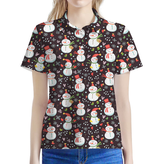 Happy Snowman Pattern Print Women's Polo Shirt