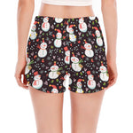 Happy Snowman Pattern Print Women's Split Running Shorts