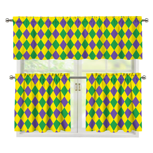 Harlequin Mardi Gras Pattern Print 3 Piece Kitchen Curtains
