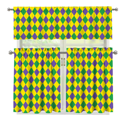 Harlequin Mardi Gras Pattern Print 3 Piece Kitchen Curtains