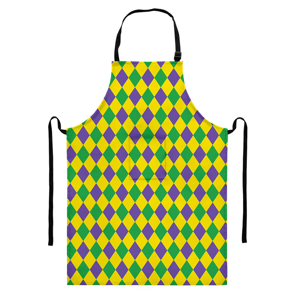 Harlequin Mardi Gras Pattern Print Bib Apron With Pocket