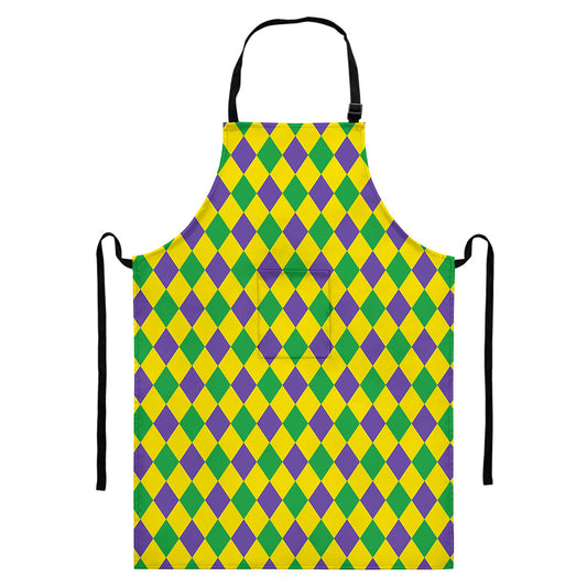 Harlequin Mardi Gras Pattern Print Bib Apron With Pocket