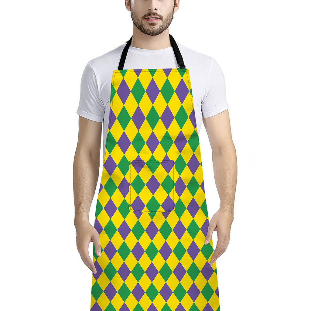 Harlequin Mardi Gras Pattern Print Bib Apron With Pocket