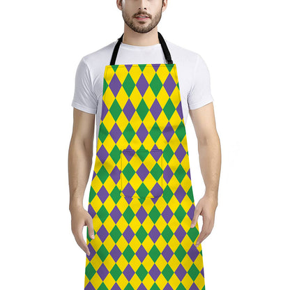 Harlequin Mardi Gras Pattern Print Bib Apron With Pocket