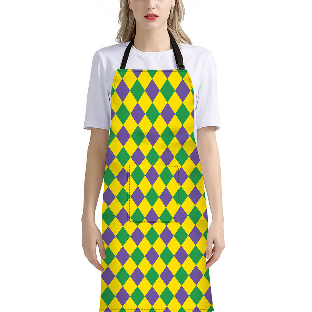 Harlequin Mardi Gras Pattern Print Bib Apron With Pocket