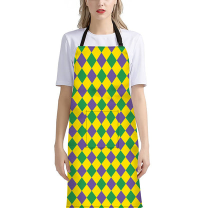 Harlequin Mardi Gras Pattern Print Bib Apron With Pocket