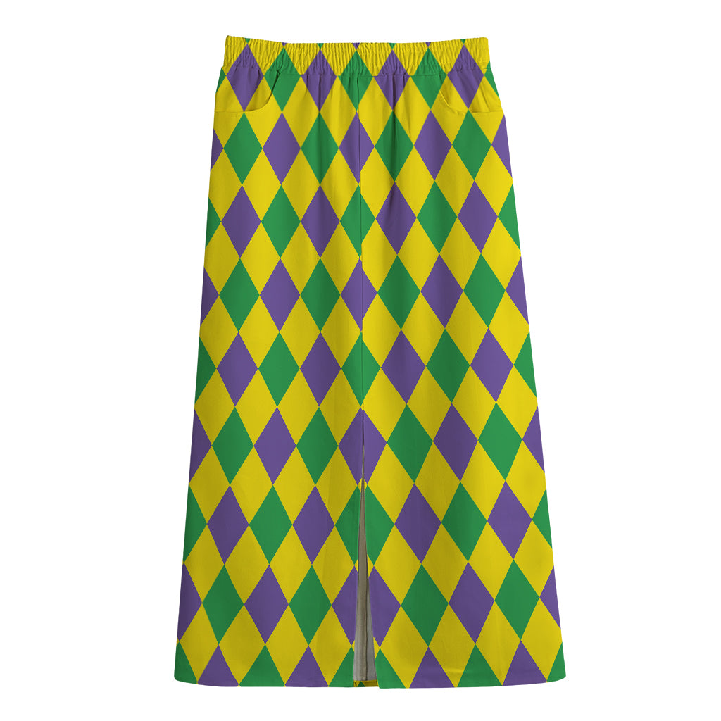 Harlequin Mardi Gras Pattern Print Cotton Front Slit Maxi Skirt