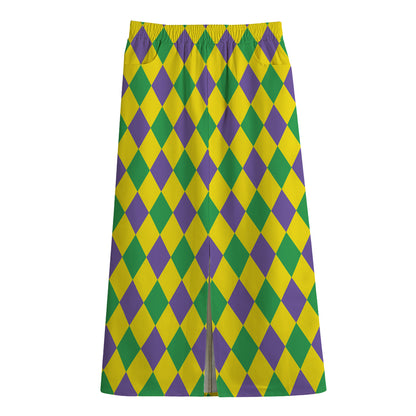 Harlequin Mardi Gras Pattern Print Cotton Front Slit Maxi Skirt