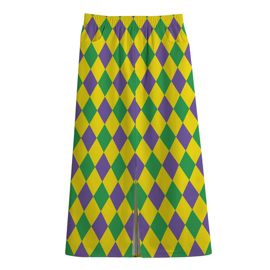 Harlequin Mardi Gras Pattern Print Cotton Front Slit Maxi Skirt