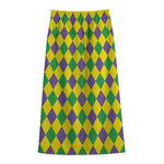 Harlequin Mardi Gras Pattern Print Cotton Front Slit Maxi Skirt
