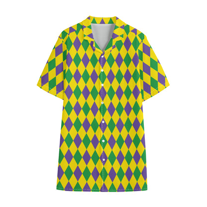 Harlequin Mardi Gras Pattern Print Cotton Hawaiian Shirt