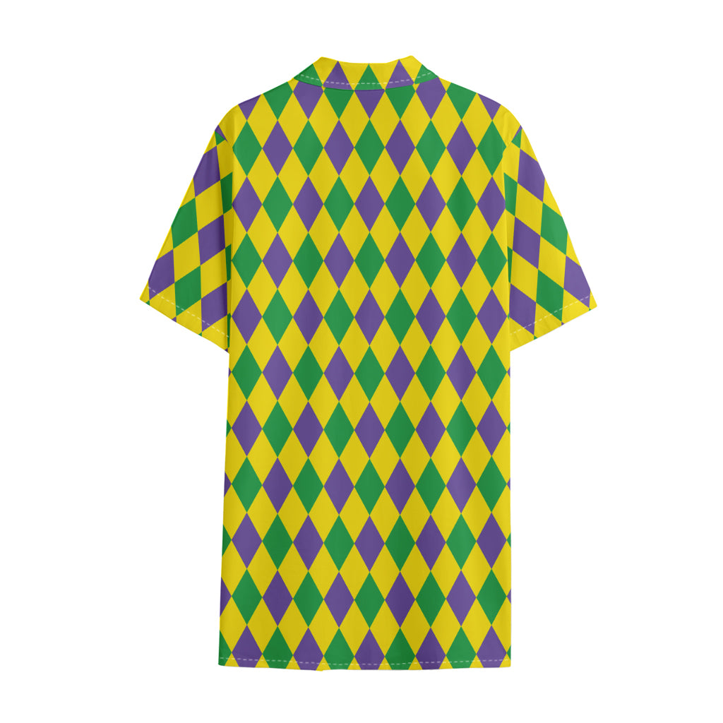 Harlequin Mardi Gras Pattern Print Cotton Hawaiian Shirt