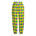 Harlequin Mardi Gras Pattern Print Fleece Lined Knit Pants