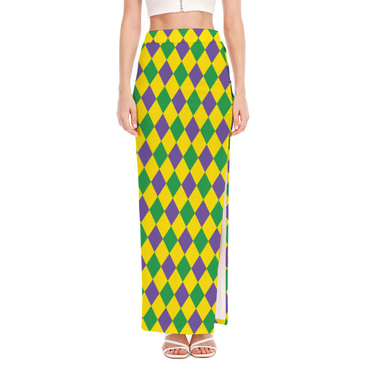 Harlequin Mardi Gras Pattern Print High Slit Maxi Skirt