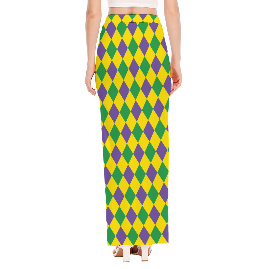 Harlequin Mardi Gras Pattern Print High Slit Maxi Skirt