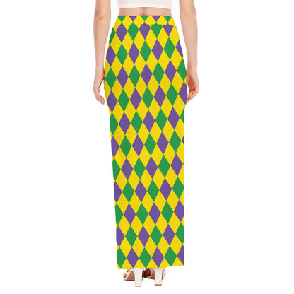 Harlequin Mardi Gras Pattern Print High Slit Maxi Skirt